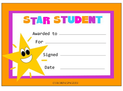 Star Student Certificate Star Student Certificate, Preschool Certificates, Certificate Of Recognition Template, Baby Dedication Certificate, Student Certificates, Star Student, Kids Awards, Star Of The Week, Award Template