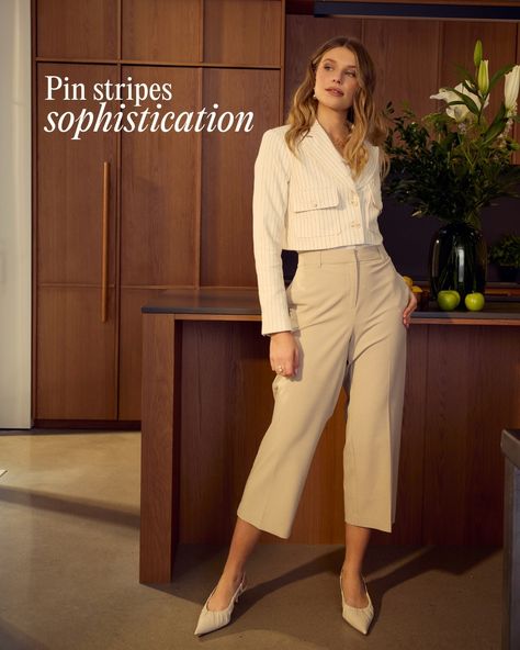 Revive classic styles with a modern twist. Pin stripes take on a fresh look with a cropped blazer, blending timeless sophistication with contemporary edge. #HilaryRadley Stripes, Crop Blazer, Fresh Look, Cropped Blazer, Blending, Style Me, Classic Style, Twist, Blazer