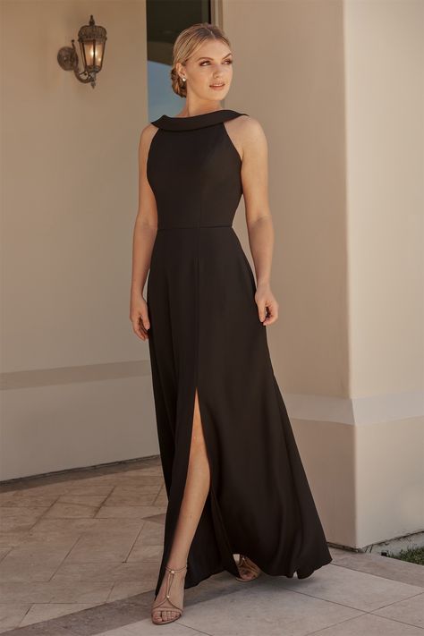 B253023 Sophisticated Soft Crepe A-line Gown with Roll Over Boat Neckline and Cowl Back Black Floor Length Dress, Rust Bridesmaid Dress, Ivory Bridesmaid Dresses, Coral Bridesmaid Dresses, Long Halter Dress, Halter Gown, Mob Dresses, Black Bridesmaid Dresses, Mothers Dresses