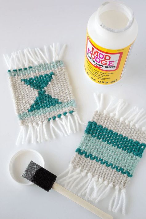 Woven Coaster Craft - Mod Podge Woven Coaster, Woven Coasters, Yarn Crafts For Kids, Weaving Loom Diy, Weaving Loom Projects, Coaster Crafts, Weaving Tutorial, Diy Weaving, Diy Coasters