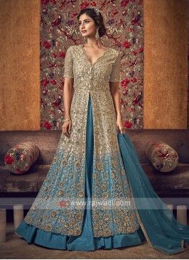 Stunning cream and blue color salwar suit Kurta Lehenga, Celana Fashion, Anarkali Lehenga, Lehenga Suit, Embroidered Kurti, Lehenga Style, Lehenga Online, Net Lehenga, Designer Anarkali