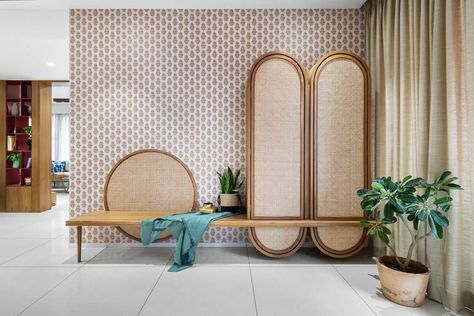 Unison of Casual Ethnic with a Bold Palette | Green Squares Design Studio - The Architects Diary Palette Green, Squares Design, Furniture Details Design, Interior Design Presentation, The Architects Diary, Flat Interior, Foyer Design, Material Palette, Side Table Design