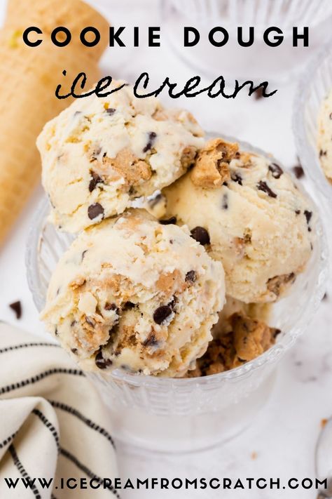 Homemade Cookie Dough Ice Cream with homemade edible cookie dough bites and chocolate chips is delicious and simple to make. You're going to love this cookie dough ice cream recipe. Homemade Edible Cookie Dough, Homemade Cookie Dough Ice Cream, Cookie Dough Ice Cream Recipe, Kitchen Aid Ice Cream Recipes, Edible Cookie Dough Bites, Homemade Ice Cream Recipes Machine, Kitchen Aid Ice Cream, Chocolate Chip Cookie Dough Ice Cream, Homemade Cookie Dough