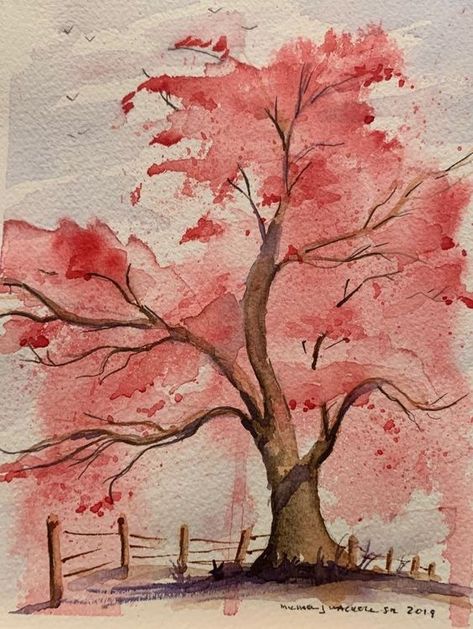 Sakura Tree Painting, Trees Watercolor Painting, Anime Watercolor, Cherry Blossom Drawing, Cherry Blossom Watercolor, Hilarious Dogs, Tree Watercolor Painting, Gift Painting, Watercolor Paintings Nature