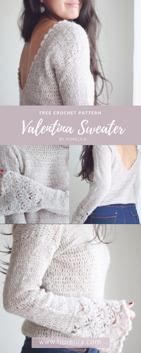 The Valentina Sweater is a free crochet pattern with French translation on my blog. This beautiful and feminine design has a V-neck shape on the back and lace bell sleeves. Direct link to the blog written pattern with French translation! #crochetsweater #valentinasweater #fiorelila Tuto Pull Valentina au crochet, instructions écrites en français sur mon blog! #crochetpull French Translation, Diy Tricot, Crochet Sweater Free, Confection Au Crochet, Gilet Crochet, Pull Crochet, Double Crochet Stitch, Chale Crochet, Crochet Instructions