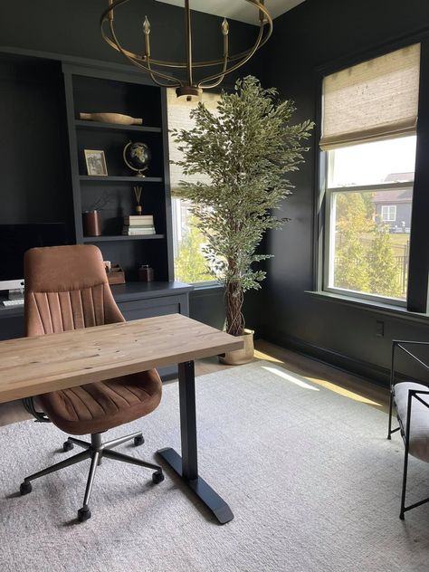 Cozy Moody Office, Men’s Home Office Small, Male Office Ideas, Modern Industrial Home Office, Moody Office Inspiration, Navy Blue Home Office, Heart Templates Free Printables, Modern Desk Setup, Small Moody Office