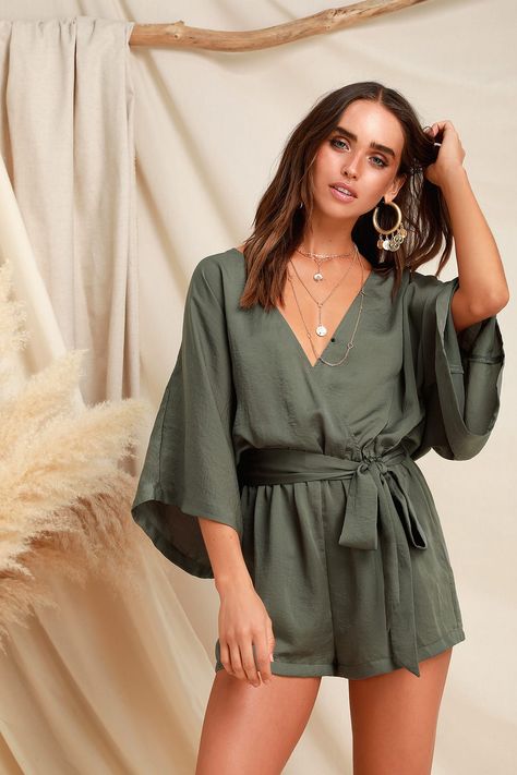 Chic Olive Green Romper - Satin Romper - Wide Sleeve Romper - 9.00 Silk Romper Outfit, Olive Green Summer Outfit, Sunday Brunch Outfit Summer Classy, Romper 2023, Cabo San Lucas Outfits Style, Green Romper Outfit, Long Romper Outfit, Resort Outfit Ideas, Bridesmaid Rompers