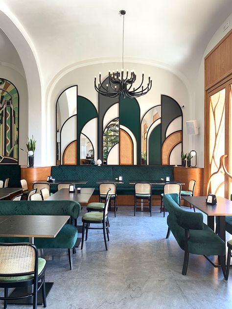 International Style Interior Design, Arte Art Deco, Green Cafe, Architecture Restaurant, Decoration Restaurant, Art Deco Stil, Desain Lanskap, Art Deco Interior Design, Restaurant Architecture