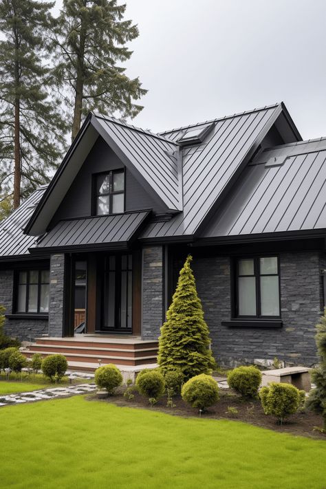Gray Metal Roof Houses Color Combos, Minimalist Exterior House, Modern Minimalist Exterior, Metal Roof Houses Color Combos, Copper Roof House, Metal Roofs Farmhouse, Tin Roof House, Modern Exterior House, Exterior Design House