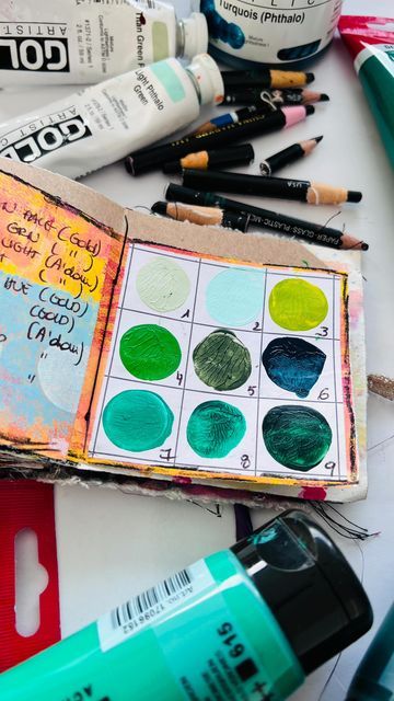 Bookmaker - Mixed Media Art - Color Lover on Instagram: "Mon-day = Color-day ! Green swatching ! 💚 #colorstudy #colorchart #colourchart #colorswatch #colortheory #colourtheory #colorwheel #colourwheel #artsupplies #makearteveryday #inthestudio #beingcreative #journallove #junkjournal #artjournal #artjournalpages #creativejournal #artexperiments #colorstudybook #paintswatches #colormixing #colorinspiration" Color Journal, Color Wheel Art, Art Challenges, Coloring Journal, Paint Swatches, Creative Journal, Creative Colour, Color Studies, Art Color