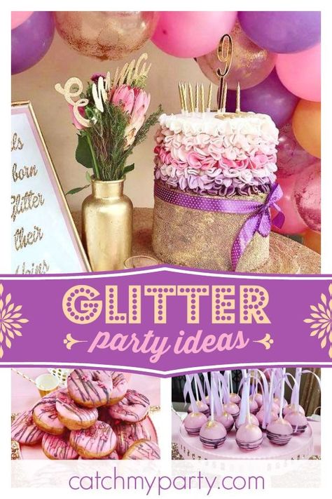 Take a look at this fantastic Glitter and Shimmer birthday party! Love the balloon arch! See more party ideas and share yours at CatchMyParty.com #catchmyparty #partyideas #girlbirthdayparty #tablesettings #desserttable #balloondecorations #ballloonarch Glitter Party Theme, Bling Birthday Party, Pink Party Foods, Queen Birthday Party, Sparkle Birthday Party, Glitter Party Decorations, Sparkle Cake, Sparkle Birthday, Glitter Birthday Parties