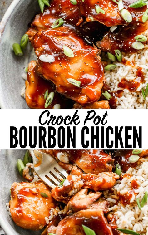 Crock pot bourbon chicken with rice is an easy dump-and-go slow cooker recipe using tender chicken thighs marinated in soy sauce and bourbon. Burbon Chicken Crock Pot, Crockpot Burbon Chicken Recipe, Bbq Chicken Slow Cooker Recipes, Crockpot Bourbon Chicken Thighs, Slow Cooker Honey Bourbon Chicken, Crockpot Bourbon Chicken Easy, Chicken Thigh And Rice Recipes Crockpot, Burbon Chicken Thigh Recipes, Slow Cooker Chinese Chicken