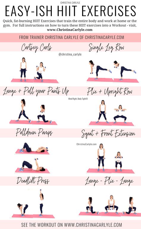 Fat Burning HIIT Exercises that you can do at home or the gym. Together these HIIT Exercises make a quick Workout for women from Trainer Christina Carlyle. https://christinacarlyle.com/hiit-exercises/ Hiit Exercises For Women, Hiit Workout Women, Hiit For Women Over 50, Fat Burning Exercises For Women, Home Workout Plan For Women, Hiit Leg Workout, Quick Workout At Home, Christina Carlyle, Hiit Exercises