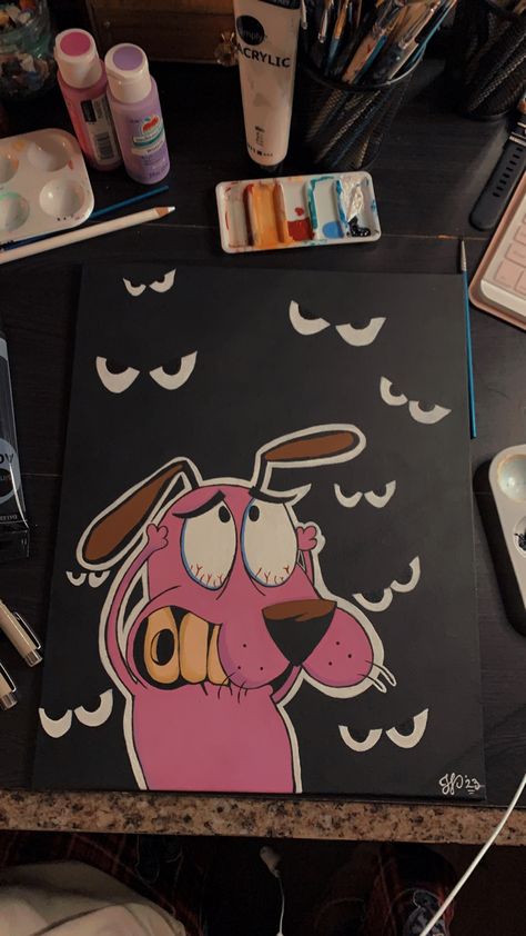 Purple cute ugly dog terrified by what lurks in the dark! Croquis, Easy Painting Ideas On Canvas Cartoon, Painting Canvas Ideas Aesthetic, Canvas Painting Ideas Funny, Paintings Of Cartoons, Drawing Ideas For Canvas, Paint On Canvas Ideas, Painting Ideas Characters, 11x14 Canvas Painting Ideas