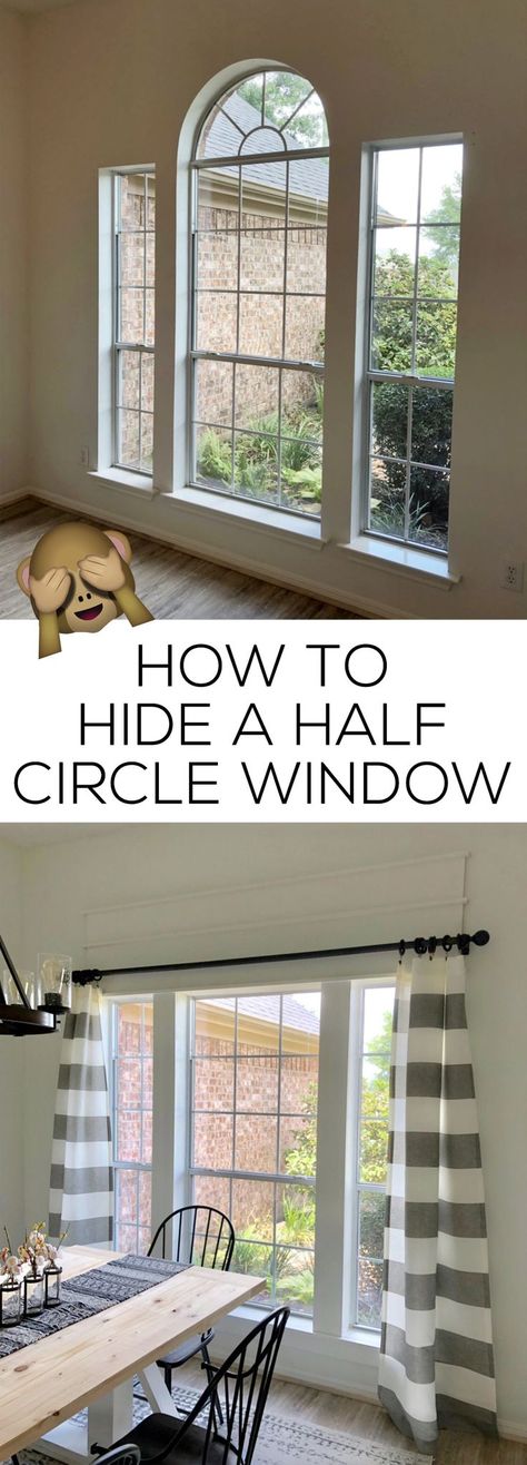 Many of you may feel stuck with those dated half circle windows just like our sister had.  We came up with an easy and inexpensive way to hide hers!  From the outside of the house, it looks like a white shade, and we took years off the look of this room w Half Circle Window, Circle Windows, Arched Window Coverings, Half Moon Window, Bedroom Window Treatments, Arched Window Treatments, Diy Window Trim, Circle Window, Moon Window