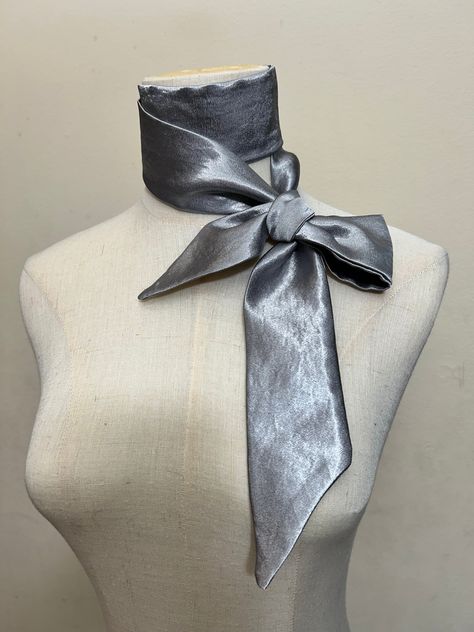 "Skinny neck tie, double layered, all Silk, hand cut and tailor made.  Color: Silver Silk 2\"X 54\" Care directions: Hand wash, lay flat on towel to dry." Bridesmaid Scarves, Silver Scarf, Silk Scarf Hair, Scarf Hair, Fashion Crafts, Silver Silk, Bows Hair, Scarf Silk, Silk Hair