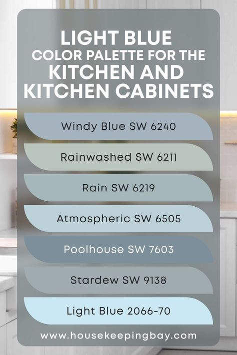 Light Blue Color Palette for the Kitchen and Kitchen Cabinets Sw 6240 Windy Blue, Sw Atmospheric Blue, Sw Smokey Blue Paint, Stardew Color Palette, Sw Light Blue Paint Colors, Sw Stardew Cabinets, Stardew Paint Color, Light Blue Cabinets Kitchen, Sw Stardew