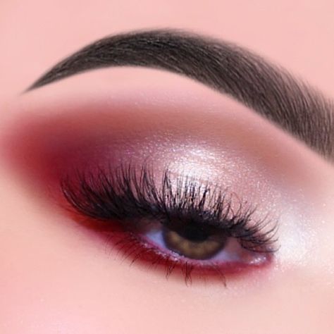 Red And Brown Smokey Eye, Grad Makeup For Red Dress, Maroon And Silver Makeup, Silver And Red Makeup Looks, Silver And Red Eye Makeup, Makeup For Red And Black Outfit, Black And White Dress Makeup Look, Black And Red Smokey Eye Makeup, Red Prom Makeup For Brown Eyes