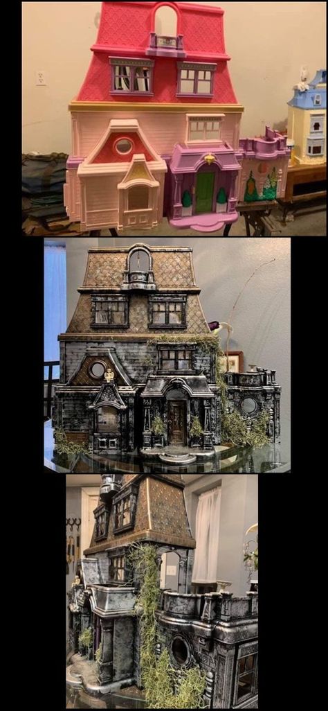 Mini Halloween House Diy, Gothic Shelf Diy, Diy Haunted House From Dollhouse, Painted Haunted House Craft, Haunted House From Doll House, Doll House Halloween Ideas, Miniature Haunted House Ideas, Creepy Diorama, Doll House To Haunted House