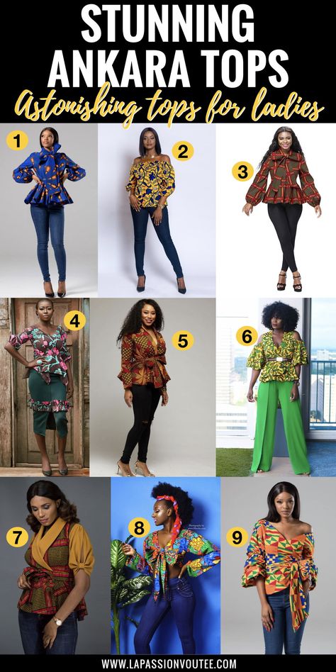 #africanprint #ankarastyles 20 best ankara tops for ladies every African print lover should have in their wardrobe. From affordable ankara peplum tops, and African print crop tops to off the shoulder tops and even more stunning ankara top styles to rock this year. And details on where to African print clothes online for less. Africa Tops For Women, African Print Tops For Plus Size Women, Ankara Peplum Tops For Jeans, Kitenge Tops Designs Unique, Kaba Top Styles, Ankara Shirt Styles For Ladies, Leteisi Tops, Chitenge Tops For Ladies, Peplum Ankara Tops With Jeans