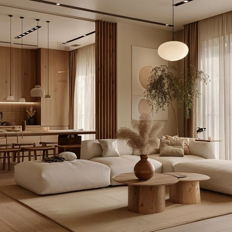 This Japandi style home encapsulates a harmonious blend of contemporary minimalism and natural warmth, embracing the Japandi aesthetic which fuses Scandinavian functionality with Japanese rustic minimalism. The design use a soft, neutral palette of beiges, browns, and grays that evoke a sense of calm and elegance, complemented by the use of natural wood textures that add warmth and depth. Strategic lighting, both natural and via sleek modern fixtures, highlights the clean lines and high-quali... Japandi Style Home, Japandi Style Living Room, Wabi Sabi Modern, Japandi Modern, Rustic Minimalism, Japandi Aesthetic, Japandi Bathroom, Japandi House, Japandi Home Decor