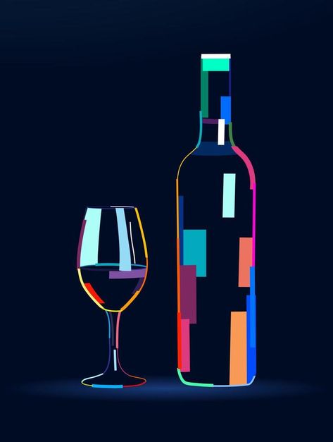 Abstract wine bottle with glass from multicolored paints. Colored drawing. Vector illustration of paints Upcycling, Wine Bottle Drawing, Wine Bottle Illustration, Wine Glass Illustration, Wine Glass Drawing, Paint And Drink, Wine Images, Bottle Drawing, Wine Logo