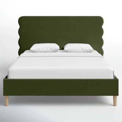 Queen Bed Girls Room, Curvy Headboard, Green Headboard, Olive Green Velvet, Green Queen, Bed Upholstered, Green Bedding, Bed Reviews, Upholstered Bed Frame