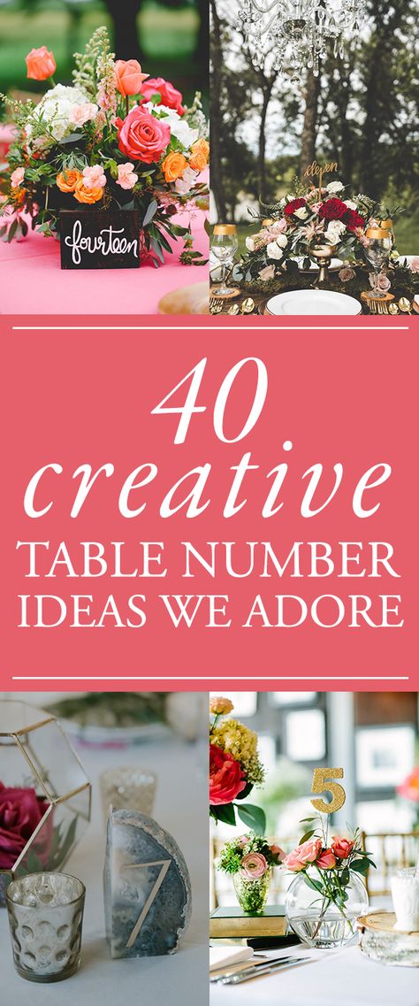 40 Reception Table Numbers We Absolutely Adore | Junebug Weddings Cute Wedding Table Number Ideas, Reception Table Number Ideas, Table Numbers For Wedding Reception, Barn Wedding Table Numbers, Unique Table Number Ideas, Wedding Reception Table Numbers, Table Themes Ideas, Spring Wedding Table Centerpieces, Table Number Ideas For Weddings