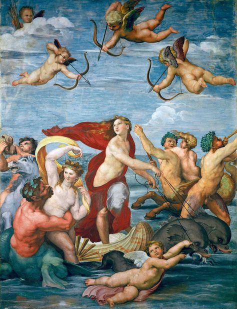 Triumph of Galatea, c.1512, by Raffaello Sanzio da Urbino (Raphael), Villa Farnesina, Rome © Getty Images. Raphael Paintings, Michelangelo Paintings, Mythology Paintings, Religious Paintings, Italian Painters, Classic Paintings, Old Paintings, Famous Art, Oil Painting Reproductions