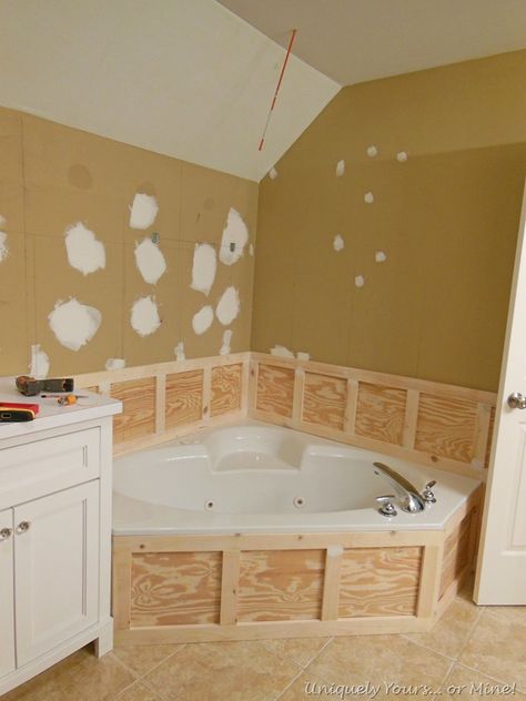 Diy Jacuzzi Tub Makeover, Updating Jacuzzi Tub Master Bath, Jaccuzi Bathroom Master Bath, Corner Tub Master Bath, Jacuzzi Tub Bathroom, Corner Jetted Tub, Bathtub Makeover, Installing Wainscoting, Bathtub Surround