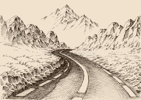 Empty road passing through alpine landscape. Hand drawing. Travel background royalty free illustration Hill Sketch, Mountain Landscape Drawing, Road Drawing, Landscape Drawing Easy, Drawing Travel, Alpine Landscape, Mountain Sketch, Travel Background, Sketch Images