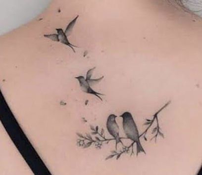 Shoulder Tattoo Birds And Flowers, Rose With Bird Tattoo, Love Bird Tattoos For Women, Delicate Bird Tattoos For Women, Empty Nest Tattoo Ideas, Bird Shoulder Tattoos For Women, Mama Bird Tattoo, Delicate Bird Tattoo, Birds On Branch Tattoo