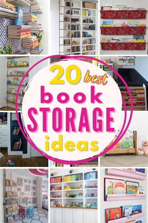 20 Stylish, Creative Book Storage Ideas For Bookworms Colouring Book Storage Ideas, Book Storage Ideas Adults, School Books Organization Home, Creative Book Display Ideas, Small Area Book Storage, Child Book Storage, Cooking Book Storage, Book Storage In Small Spaces, Easy Bookshelf Ideas