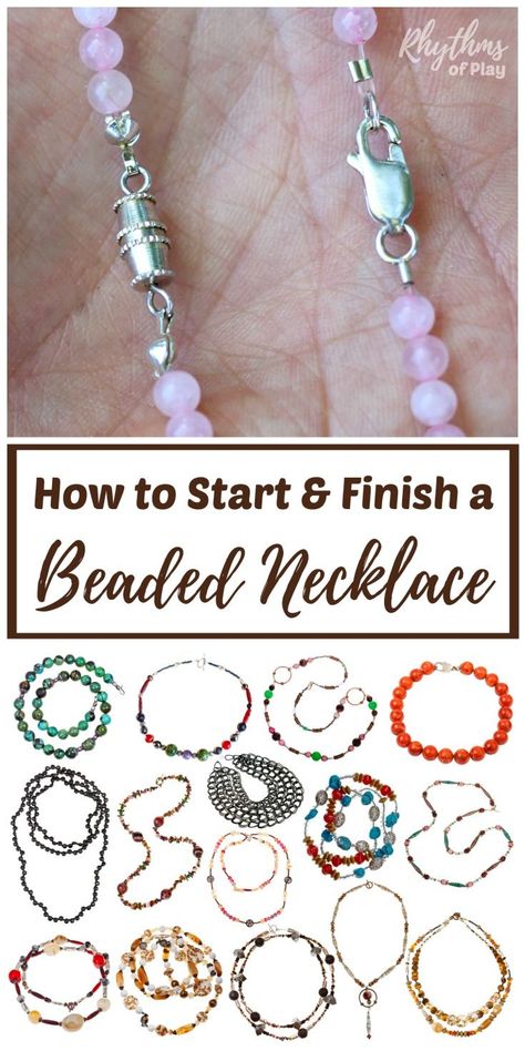 DIY jewelry making tutorials and simple ideas for beginners. Learn 3 easy ways to start and finish a beaded necklace or bracelet; infinity, clamshell knot covers, and crimp beads or tubes and pliers. Includes links to jewelry and bead supplies, fun projects, and resources. Kumihimo Bracelet, Diy Jewelry Making Tutorials, Armband Diy, Jewerly Making, Crimp Beads, Handmade Jewelry Tutorials, Jewelry Techniques, Homemade Jewelry, Diy Schmuck