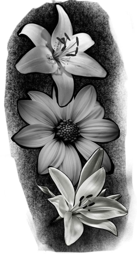 Realistic Lily Tattoo Design, Flower Realistic Tattoo, Flower Tattoo Half Sleeve, Realism Flower Tattoo, Lilly Flower Tattoo Designs, Sleeve Tattoos Drawings, Lilly Flower Tattoo, Tattoo Half Sleeve, Realistic Flower Tattoo
