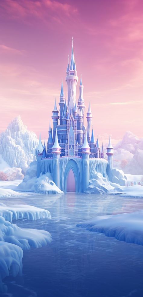 Step into the elegance of "Frostbound Fortress." An ice castle stands as a regal centerpiece, flanked by mountains adorned with blankets of pristine snow. A winter landscape of serene beauty. Elsa Frozen Background, Frozen Background Landscape, Norway Palace, Frozen Background Backdrops, Frozen Backdrop Ideas, Elsas Castle, Frozen Wallpaper Aesthetic, Elsa Background, Elsa Backdrop