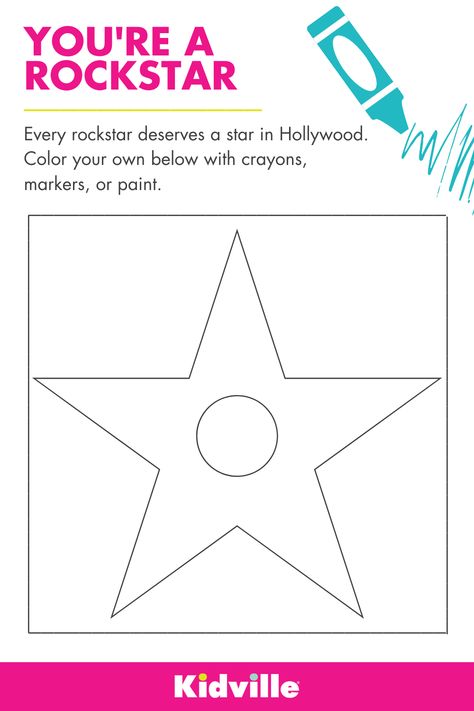 Every little rockstar of yours deserves a Hollywood star. Have your little one add their name with crayons, markers, and paint. Then, throw on some glitter for a real rockstar effect. #kidscraft #coloringpagestoprint #coloringpagesforkids Rockstar Coloring Pages, Diy Hollywood Star, Diy Walk Of Fame Stars, Rockstar School Theme, Movie Themed Activities, Hollywood Theme Crafts, Rock And Roll Crafts, Hollywood Stars Walk Of Fame Diy, Hollywood Star Craft