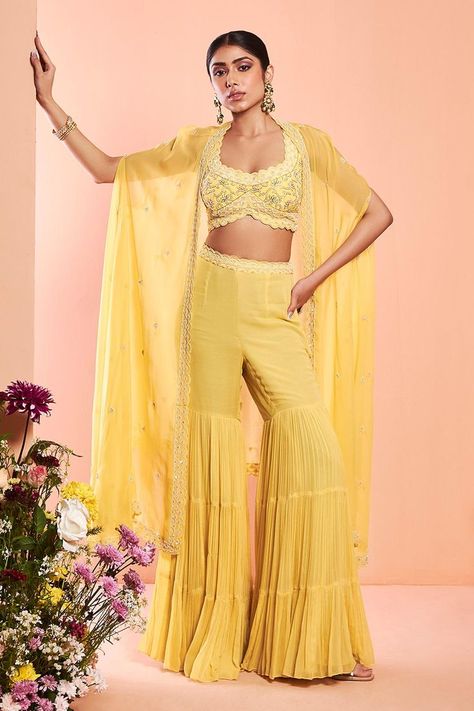 Yellow Gharara, Cape Sharara, Yellow Sharara, Stylish Lehenga, Haldi Outfits, Sharara Designs, Beaded Cape, Embroidered Cape, Daisy Yellow