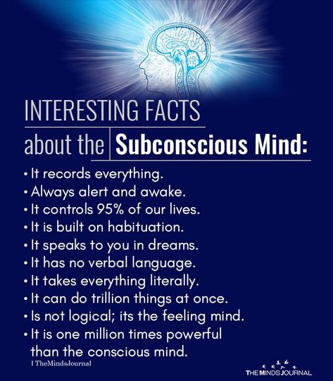 Interesting Facts About The Subconscious Mind - https://themindsjournal.com/interesting-facts-about-the-subconscious-mind/ Reprogram Your Subconscious Mind, Quotes About Subconscious Mind, Subconscious Mind Reprogramming, Mind Power Art, Subconscious Quotes, Reprogramming Subconscious, Subconscious Mind Quotes, Facts About Brain, Reprogram Subconscious Mind