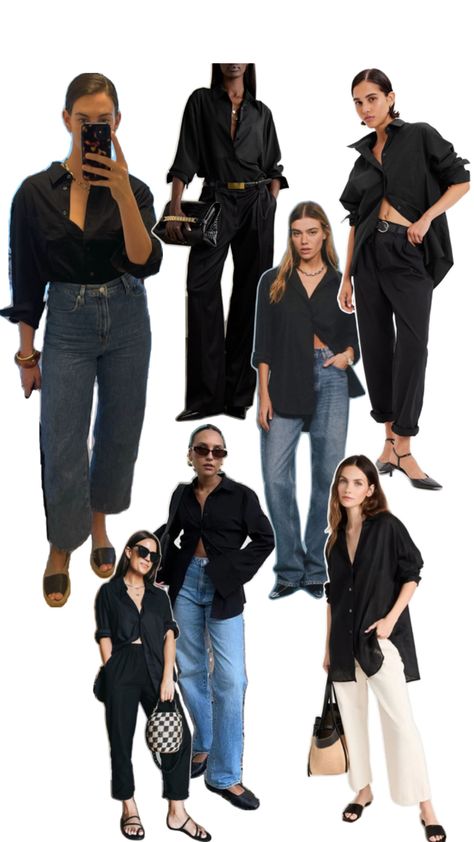 How to wear an oversized black button up Black Oversized Button Up, Oversize Black Button Up Shirt Outfit, Long Sleeve Black Button Up Shirt Outfit, Black Button Up Shirt Dress Outfit, How To Style Black Button Up, Black Poplin Shirt Outfit, Black Button Down, How To Style Oversized Shirt With Jeans, Oversized Button Up Shirt Outfit Winter