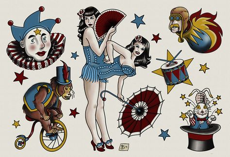 Circus Theme Tattoo, Circus Flash Tattoo, American Traditional Circus Tattoo, Circus Traditional Tattoo, Circus Tattoo Ideas, Circus Tattoo Traditional, Freakshow Tattoo, Carnival Tattoo, Circus Tattoo