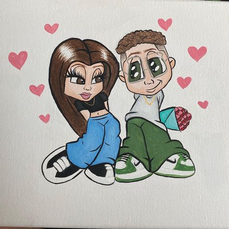 Couple Cartoon Canvas Painting, Boyfriend And Girlfriend Sketches, Old School Couple Drawing, Couple Cartoon Painting Ideas, Cartoon Couple Painting Ideas, Couple Cartoon Drawings, Chicano Couple Drawing, Couple Painting Ideas Cartoon, Chicano Art Couple