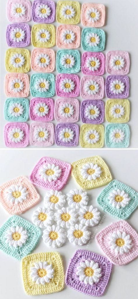 Granys Crochet Squares Flower, Granys Crochet Squares Daisy, Puff Flower Crochet Granny Squares, Cute Flower Crochet Blanket, 3 D Granny Square Crochet, Puffy Flower Crochet Granny Square, Daisy Flower Crochet Blanket, Crochet Blanket Flower Granny Square, Crochet Flower Blanket Granny Squares Free Pattern