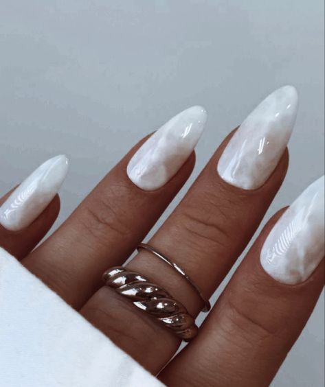 Cloud Nails White, Cloudy White Nails Acrylic, White And Gold Tip Nails, Creamy White Nails Design, Cloud White Nails, White Cloudy Nails, Solar Acrylic Nails, White Half Moon Nails, Cloudy White Acrylic Nails