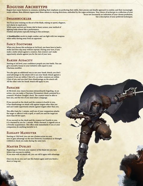 Rogue Class Roguish Archetype Swashbuckler 5th Dnd Rogue Swashbuckler, Rouge Class Dnd, Dnd Rogue Archetype, Rouge Archetype Dnd, Dnd Rogue Subclasses Homebrew, Rogue Archetypes 5e, Rogue Subclasses 5e, Rogue Homebrew, Druid Barbarian