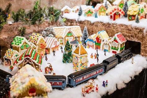 The Garlands' pastry chef wows with annual gingerbread village display Gingerbread House Village Display, Gingerbread Village Display, Gingerbread Display, Gingerbread Ideas, Winter Baking, Mini Candy Canes, Santa's Village, Gingerbread Village, Christmas Village Display