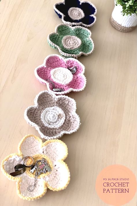 Flower Trinket Dish Crochet Pattern (ENG). Instant Download PDF, fully illustrated & printer friendly document. A very practical home organizing decor piece, and also make a great handmade gift! Also available in ready-to-ship handmade item @myalpacastudio
#crochetpatterneasy #crochetforhome #crochetflower #crochettrinketdish #crochetringdish #crochetbasket #jewelryorganizer #mothersdaygift #springcrochetproject Tela, Amigurumi Patterns, Crochet Ring Dish Free Pattern, Crochet Jewelry Tray, Crochet Jewelry Dish, Crochet Trinket Dish Free Pattern, Crochet Ring Dish, Trinket Dish Crochet, Crochet Trinket Dish