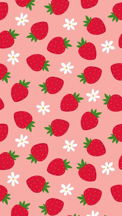 Phone wallpaper with a pink background and hand drawn red strawberries and white flowers. Strawberry And Flower Wallpaper, Cute Flowers Background, Valentine's Wallpaper Backgrounds, Strawberry Screensaver, Wallpaper Iphone Strawberry, Strawberry Pattern Wallpaper, Kawaii Strawberry Wallpaper, Cute Wallpaper Pattern, Red Cute Wallpaper