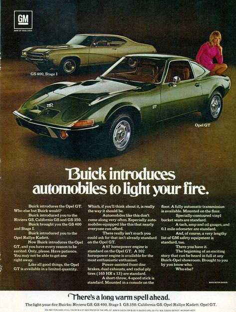 1969 Buick GS 400 & Opel GT | coconv | Flickr Car Print Ads, Opel Gt, Vintage Photo Prints, Buick Gs, Car Man Cave, Sales Ads, Classic Cars Trucks Hot Rods, Import Cars, Car Advertising