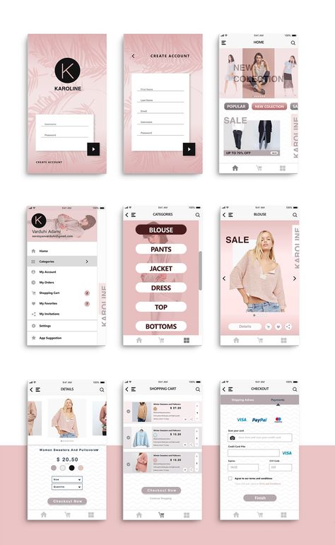 UI/UX design for "Karoline" shopping app Moodboard App, Desain Ux, การออกแบบ Ui Ux, Ui Design Mobile, Mises En Page Design Graphique, Ui Ux 디자인, App Design Layout, Ux App Design, Wireframe Design